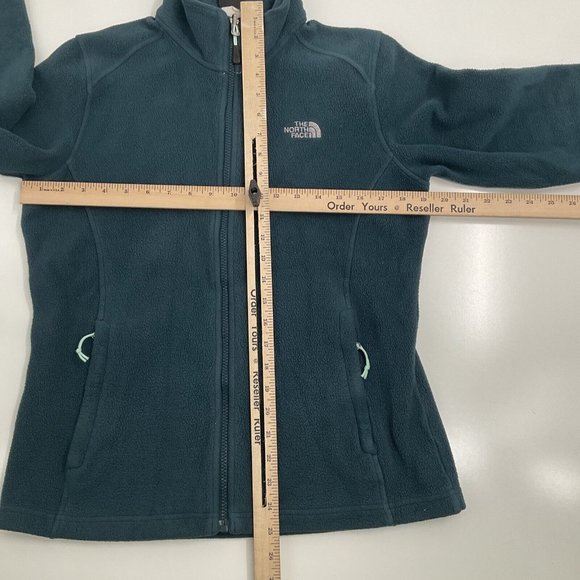 The North Face Fleece Jacket Womens Size M Green Full Zip Pockets Logo Mock Neck - Picture 12 of 15